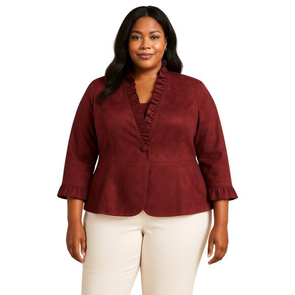 Nygard Ultra Suede Ruffle Jacket 20W – Wine, Princess Seams, Chic Fit - Picture 9 of 9